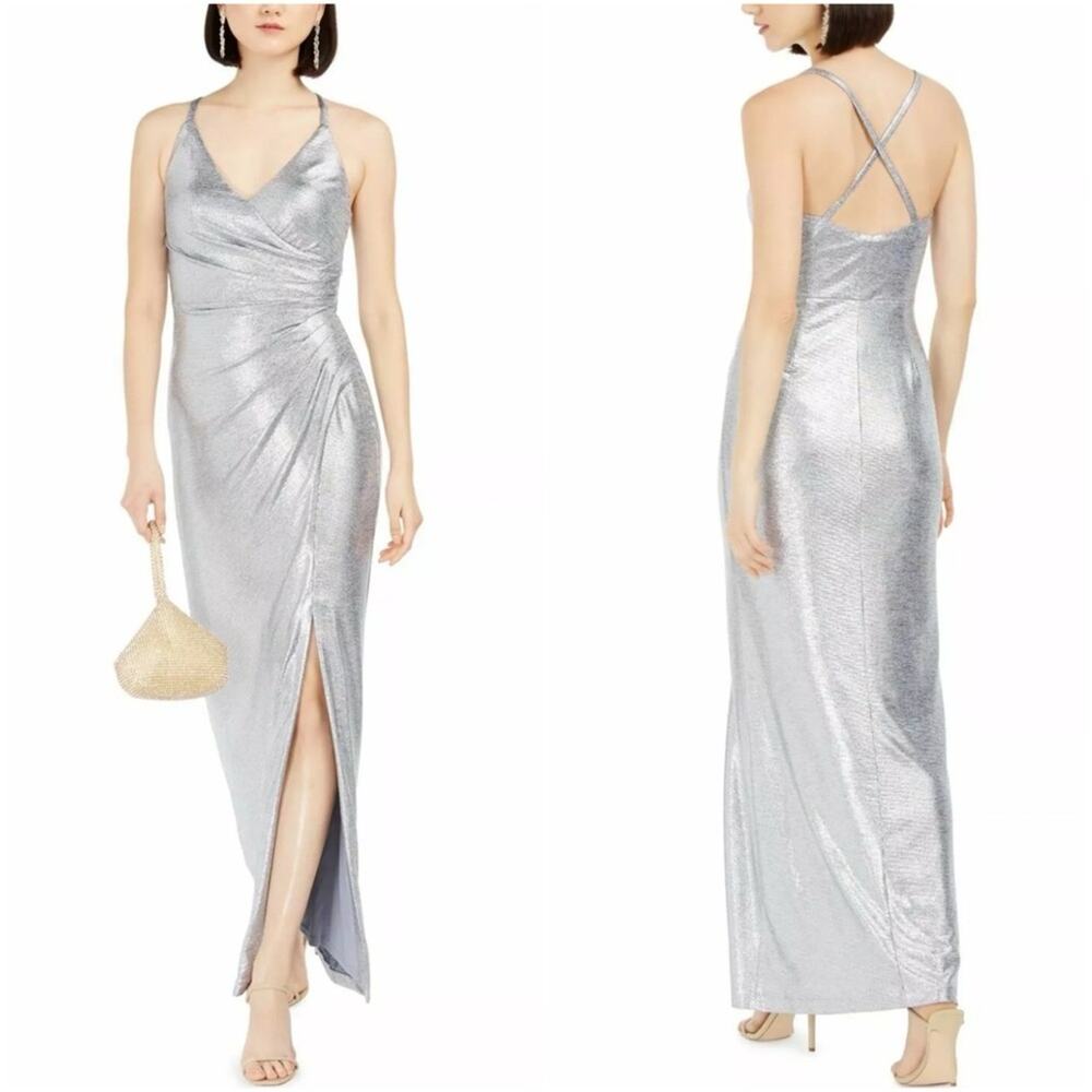 Eliza J Silver Surplice Evening Gown NWT Size 10 Maxi Dress Glam Stretch Bodycon